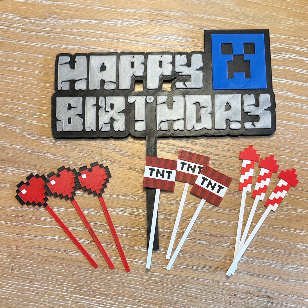 Minecraft Birthday Cake Topper Set with Red and Blue Accents